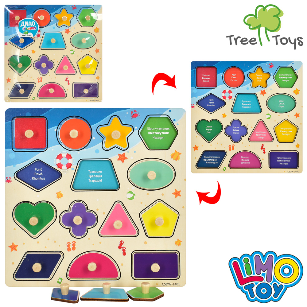 Дерев'яна іграшка Геометрика MD 2770 (40шт) фігури з ручкою, слова (укр./рос.), кул., 30-30-2,5см.