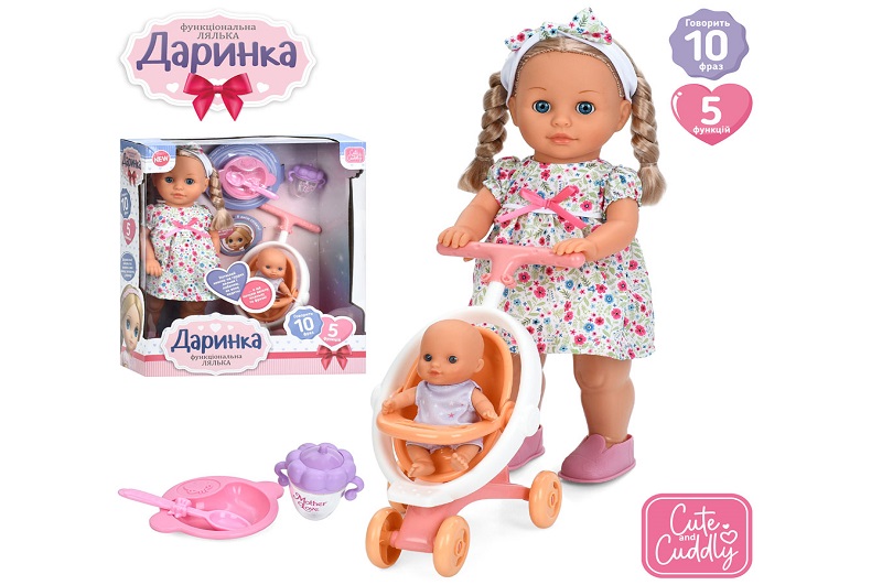 Лялька M 6195 I UA (8шт) Даринка, 40см, музика-звук(укр), пісня, ходить, 2 режими, пупс 13см, коляск