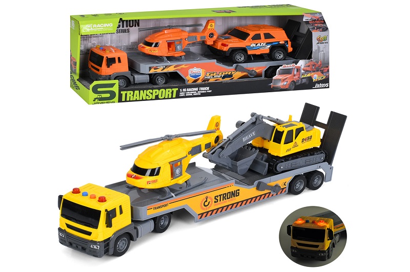 Трейлер JS203B-3D (9шт) інерція, 51см, 1:16, гумові колеса, звук, світло, транспорт, вертоліт, рухли