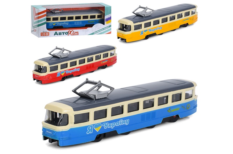 Трамвай M 6385 (36шт) метал, 1:70-90, інерція, 18,5см, відчиняються двері, 3 кольори, в кор-ці, 19,5