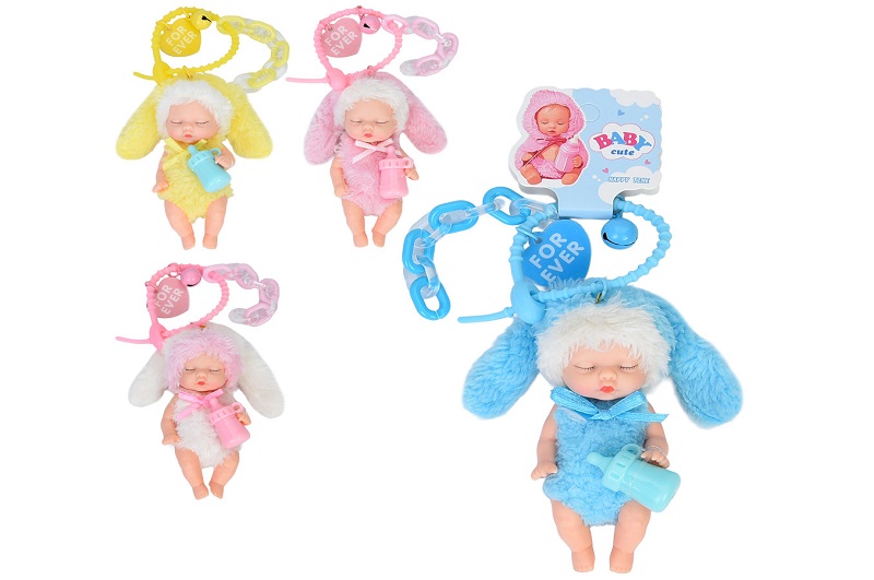 Пупс DH2500 (108шт) 11см, костюм-зайчик, петелька, брелок, пляшечка, дзвіночок, 4 кольори, 10-12-3см