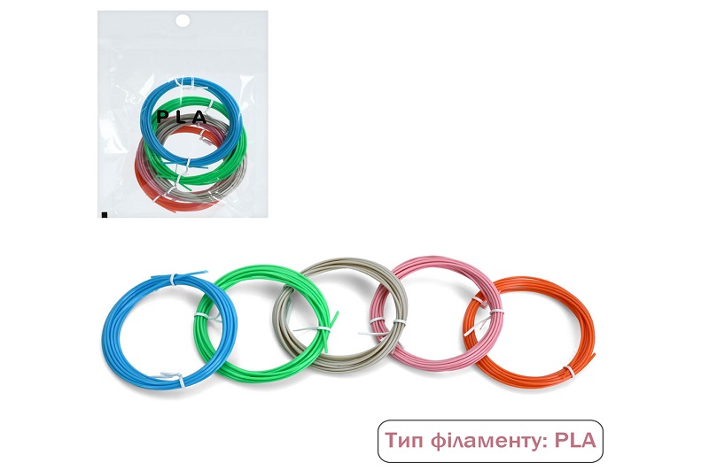 PLA філамент (запаска) PLA0503 (100шт) пластик для 3D ручки, набір 5шт/5 кольорів, по 3м, 1,75мм, в