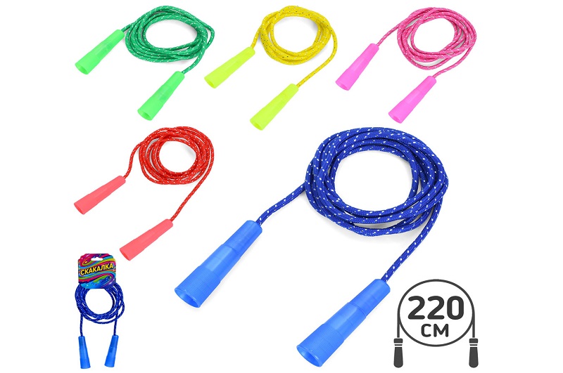 Скакалка MS 4384-2 (200шт) 2,2м (ручки включно), мотузка, 5 кольорів, на листі, 10-19-3см УПАК10шт