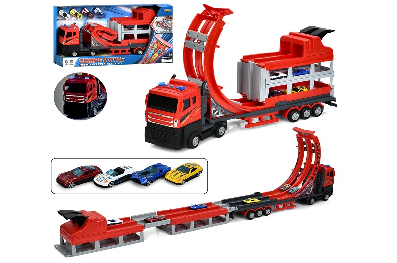 Трейлер D663-T221 (12шт) інерц. 2в1(трек), 55см/115см, звук, світло,гумові колеса,машина 4шт (метал,