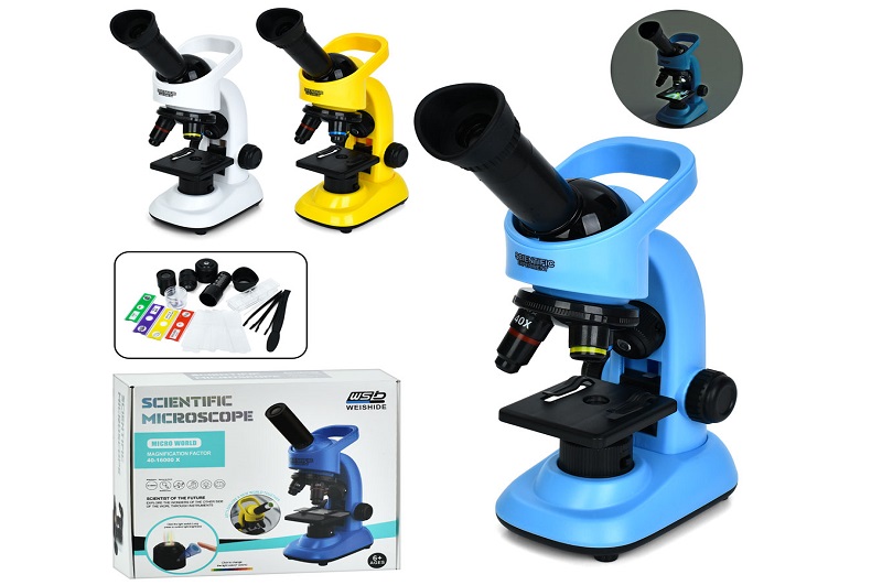 Оптичний прилад W5807A (18шт) мікроскоп, 22см, світло, пінцет, скло, інструменти, 3 кольори, бат(таб