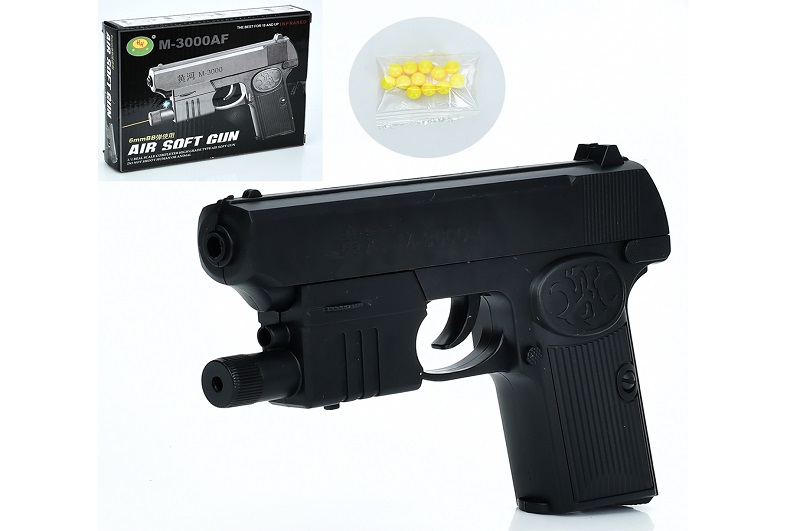 Пістолет 3000AF (72шт) 16см, пластикові кулі, лазер, на бат(табл), в кор-ці, 18-13,5-3,5см