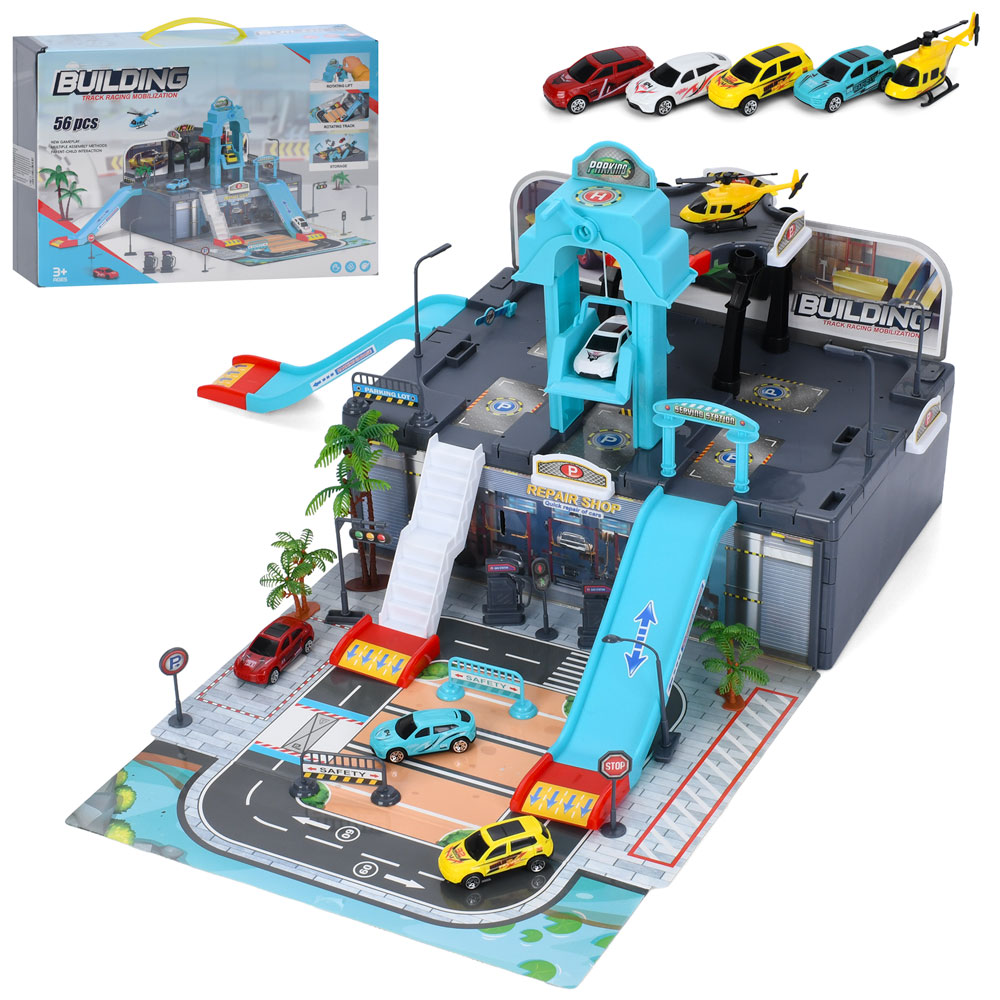 Гараж A245 (9шт) 62-64-в33см, ліфт(механічний), машинка 7см 4шт, вертоліт, дорожні знаки, дерева, 56