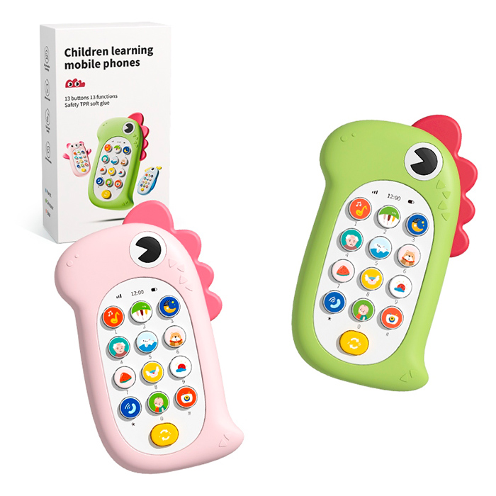 Телефон мобільний HLX201A-2 (48шт) динозавр(чохол), 13см, музика, звук(англ), 2 кольори, на бат-ці,