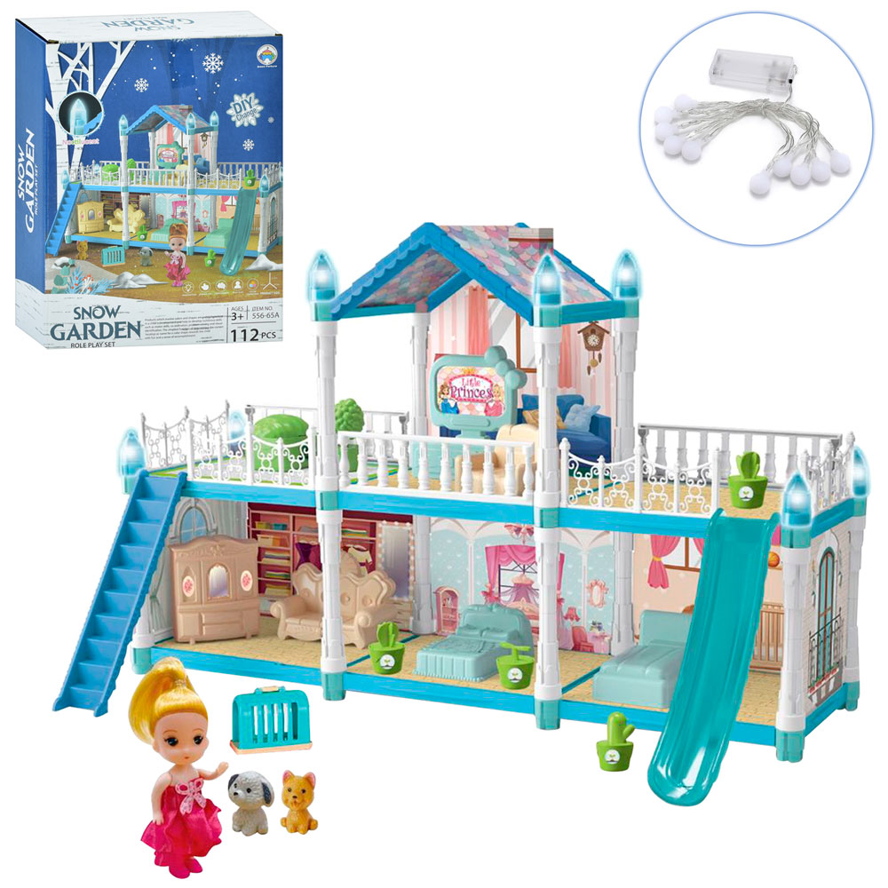 Будиночок 556-65A-1 (24шт) 49-23-в30,5см, 2 поверхи, меблі, світло, гірка, лялька 10см, тварини, пер