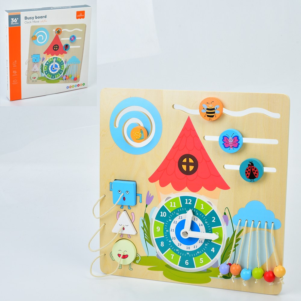 Дерев'яна іграшка Бізіборд MD 0732 (10шт) 30-30-3см, лабіринт, годинник, сортер, рухливі деталі, в к