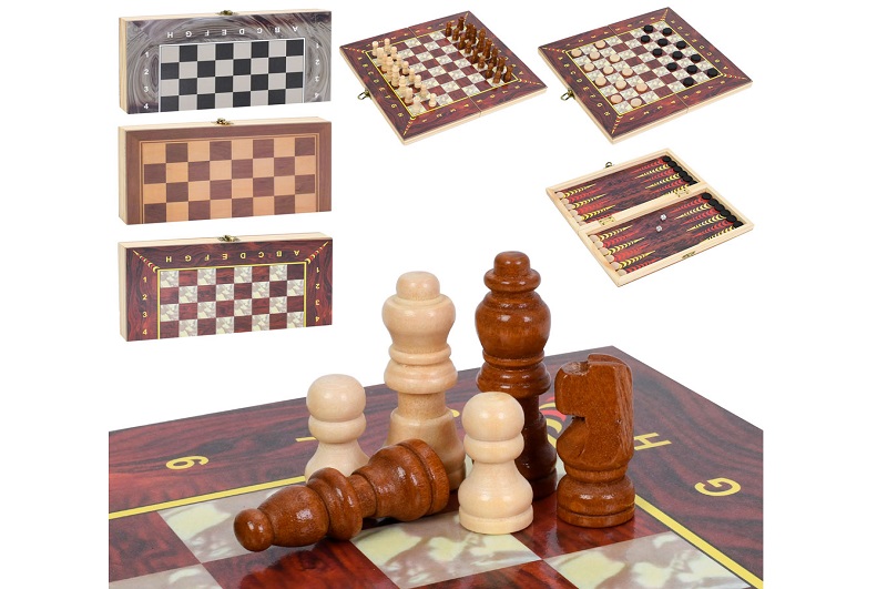 Шахи 28ACD (60шт) дерев, 3в1 (шашки, нарди), 3 кольори, в кульку, 27,5-14-3,5см