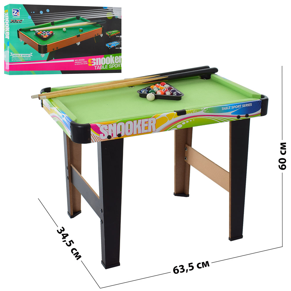 Більярд 2035+3 (6шт) дерев,на ніжках, 63,5-34,5-60см,кий 2шт,ку?лі,щітка, крейда,в кор-ці, 64-36-7см