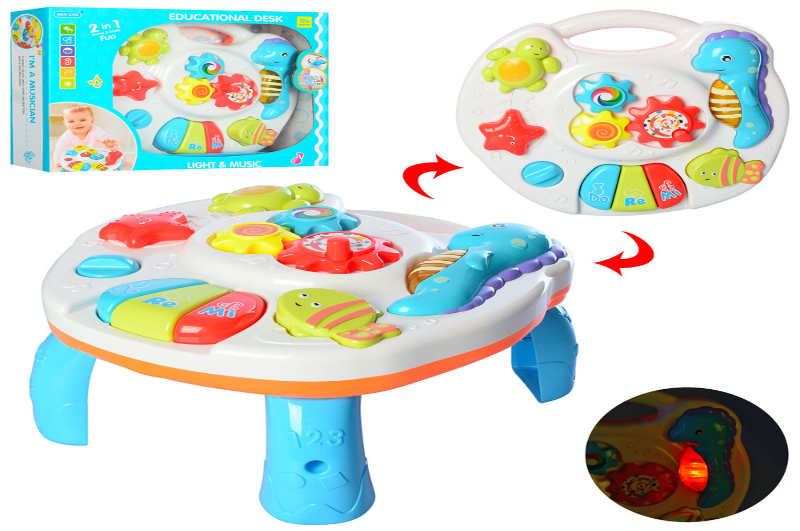 Ігровий центр 3902 (18шт) столик28-25-15,підвіска на ліжечко,муз,зв,св,тріскачка,бат,кор, 36-29-8,5с