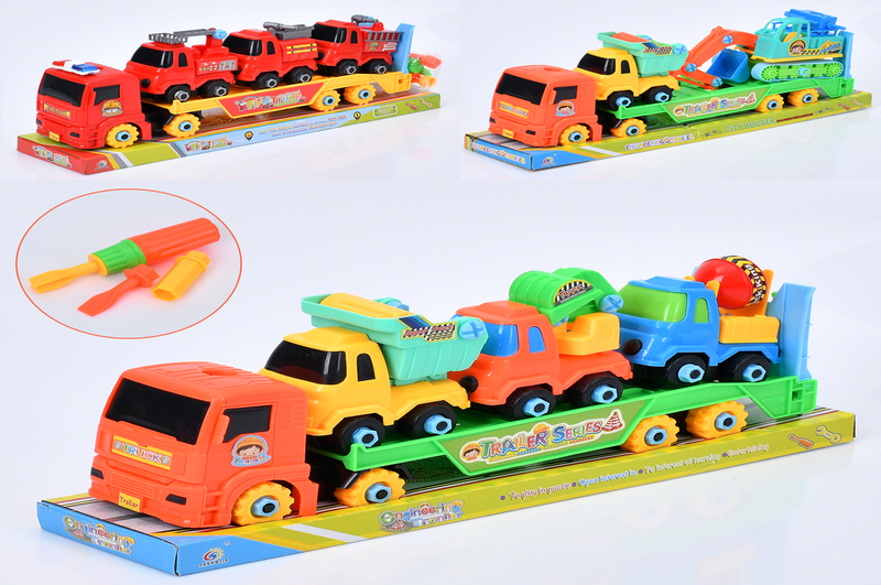 Конструктор 8636-8637-8639 (24шт) на шурупах, трейлер39см, машинки від 10см. 3в, в слюді, 43-15-10см