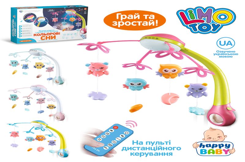 Карусель HB 0006 ABCD (6шт) на ліжечко, дист.кер.(ІЧ), підвіски 4шт, муз.(укр.), світло, 4 кольори,