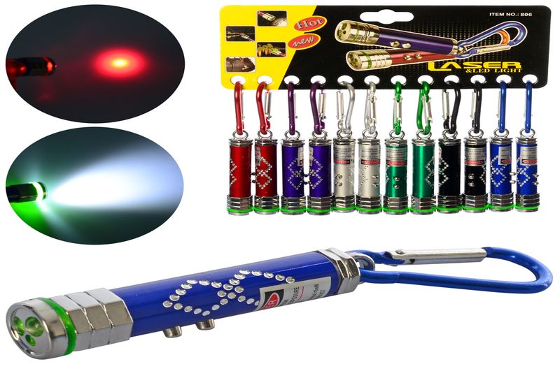 Ліхтарик MK 4301-3 (240шт) 7см,брелок,лазер,світло,бат(таб.), 12 шт.(6 кольорів) на арк, кул, 18-18-