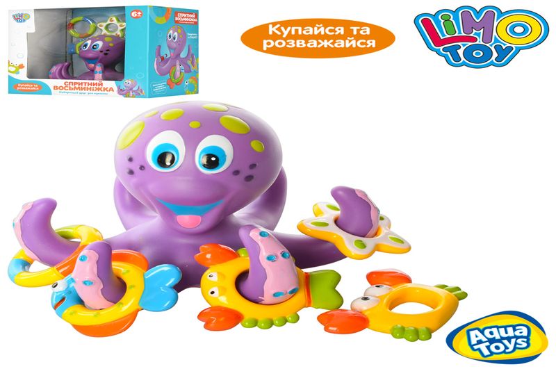 Гра AQ 0001 (24шт) для купання, восьминіг17см-кільцекид, кільця-фігурки5шт, в кор-ці, 22-19-15см