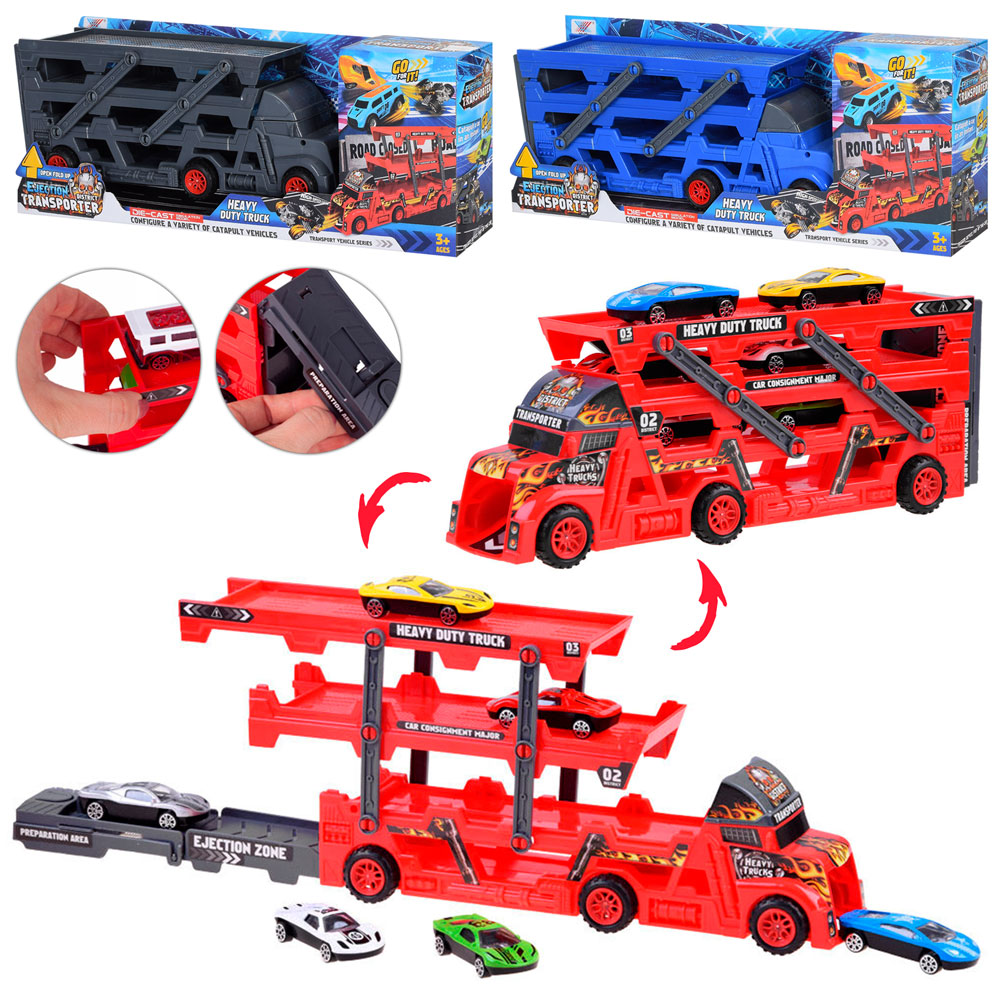 Трейлер K180A10 (24шт) 29,5см, розкладається, машинки метал, 6шт, 3кольори, в кор-ці, 41-15,5-7,5см