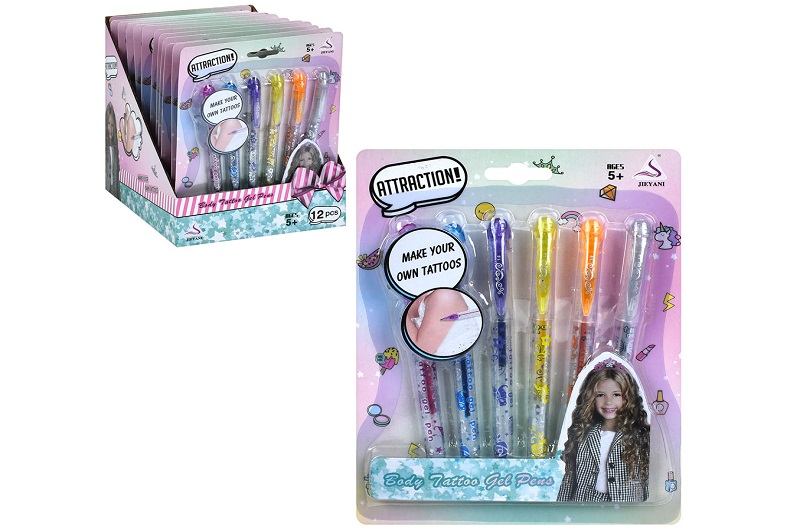 Косметика J-1168B (96шт) набір для тату, набір ручок 6шт, на листі, 12шт в дисплеї, 16-21-21см