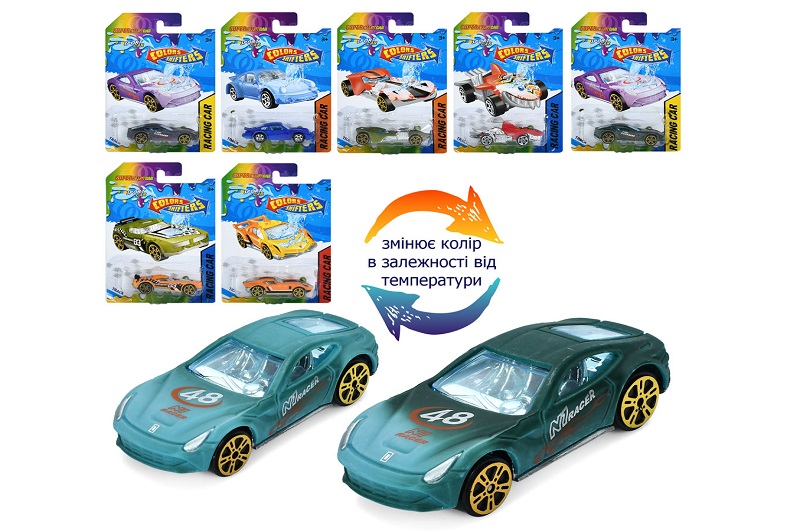 Машина 7999-1 (144шт) метал, 7см, міняє колір, мікс видів, на листі, 11,5-16,5-3см