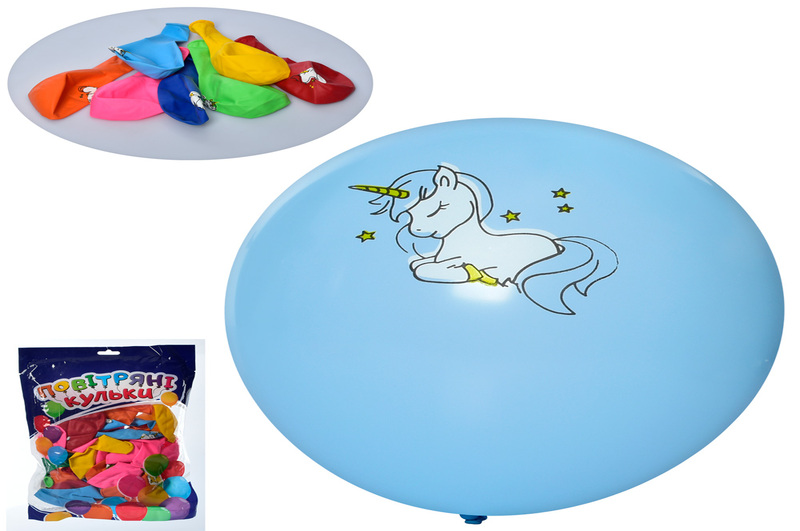 Кульки надувні MK 1039-13 (100шт) 12 дюймів, принт єдиноріг, мікс кольорів, 50шт у кульці,19-29-2см