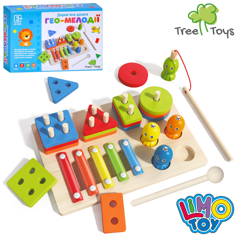 Дерев'яна багатофункціональна дошка MD 0855 (20шт) геометрика, ксилофон, магнітна рибалка, у кор-ці