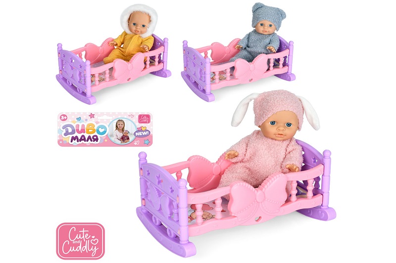 Ліжечко з лялькою YL2520K-B-DM-UA (30шт) ліжко 24-16-в13см, пупс 22см, 3 види, у пакеті, 20-33-9см