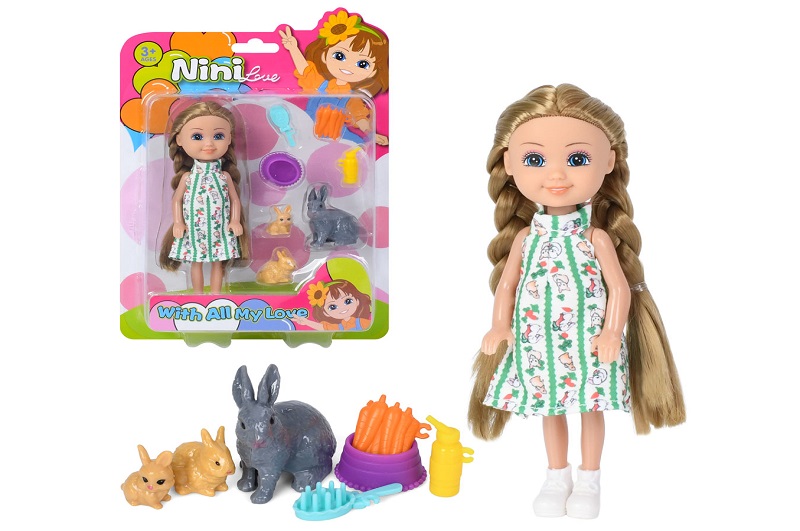 Лялька 618-18 (60шт) 14см, тварини 3шт, посуд, продукти, на листі, 16,5-23,5-4,5см