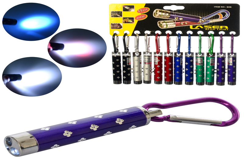 Ліхтарик MK 4301-1 (240шт) 7см,брелок,лазер,світло,бат(таб.), 12 шт.(6 кольорів) на арк, кул, 18-18-