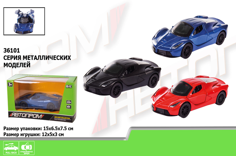 Машина метал 36101 (96шт/2) АВТОПРОМ",1:36,3 кольори,відч.двері,багажник,в кор.15,2*6,2*7,6см"