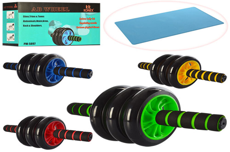 Тренажер MS 0873 (24шт) колесо для мышц пресса, 31см, диаметр 14см,4 цвета, в кор-ке, 28-10-17см