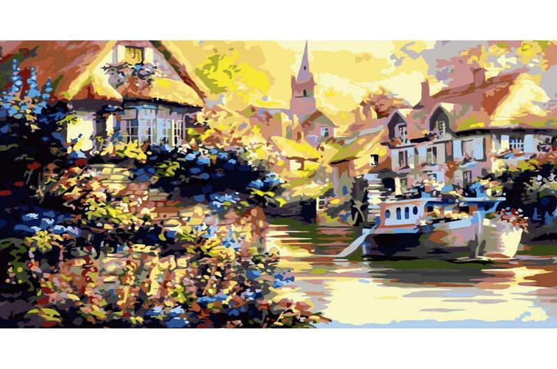 Картина  по номерах Човен у гавані Strateg з лаком та рівнем розміром 40х50 см (VA-0216)