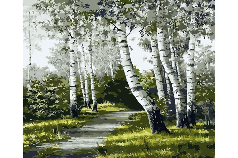 Картина по номерах Стежка серед беріз Strateg з лаком та рівнем розміром 40х50 см (VA-0880)