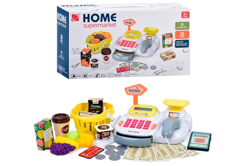 Касовий апарат 668-117 (24шт) 22-16,5-10см калькулятор, сканер,ваги, звук, світло, корзина, продукти