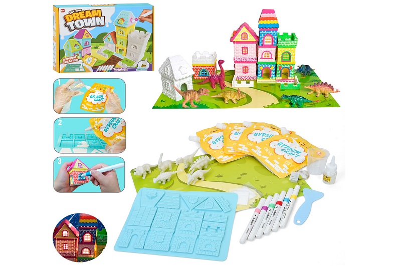 Набір для творчості I003 (12шт) Місто мрій, побудуй будинок, світло, динозаври 6шт, гипс, формочки,