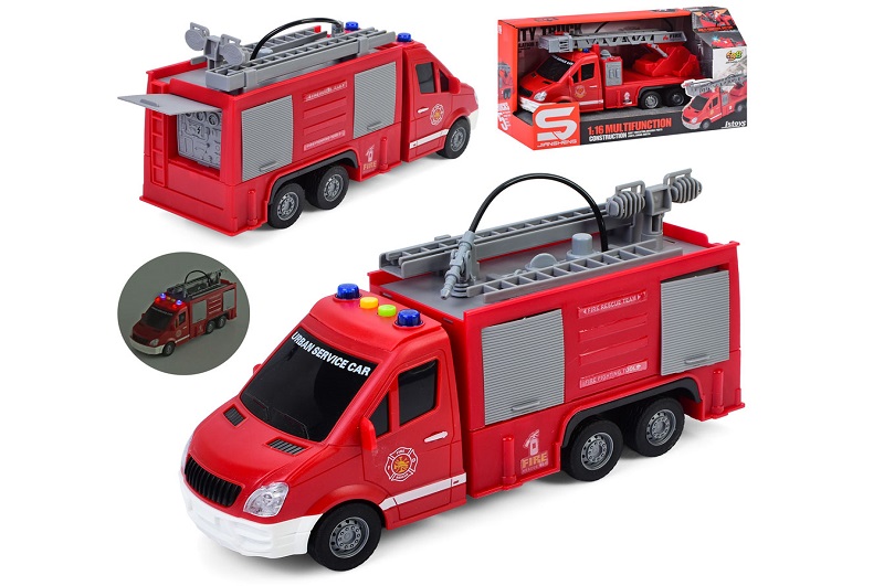 Пожежна машина JS139-40 (18шт) 27см, гум.кол, рухомі деталі,бризкає водою, звук, світло, на бат-ці (