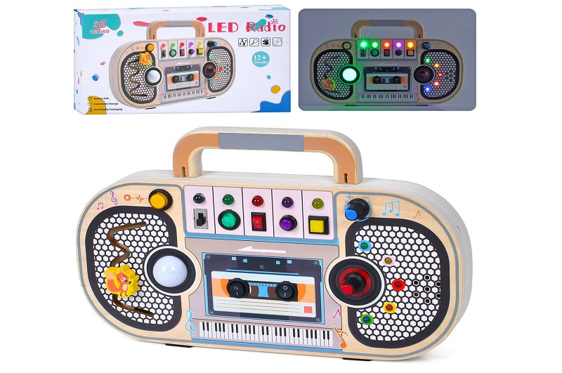 Дерев'яна іграшка Бізіборд MD 1346 (8шт) 2в1(музична гра-магнітофон), 29-18-3см. вмикачі, тумблери,