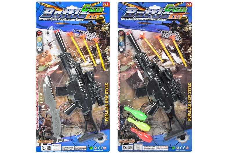 Автомат 0110-0110-1 (120шт) 37см,ніж,кулі-присоски 3шт,кеглі 3шт,2види,на листі 50-22,5-3см