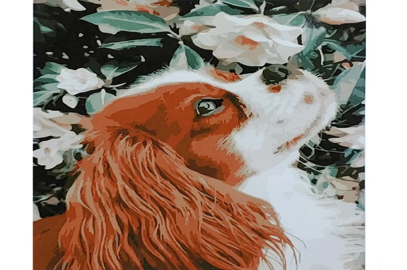 Картина по номерах Песик в квітах SY6829 Strateg з лаком та рівнем розміром 40х50 см