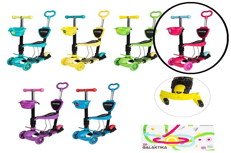 Самокат GS-0081/1 пластик.з сидінням+ручка+кошик+дод.кол.PU світ.120*30мм 3,2кг 6кол.кор./6/