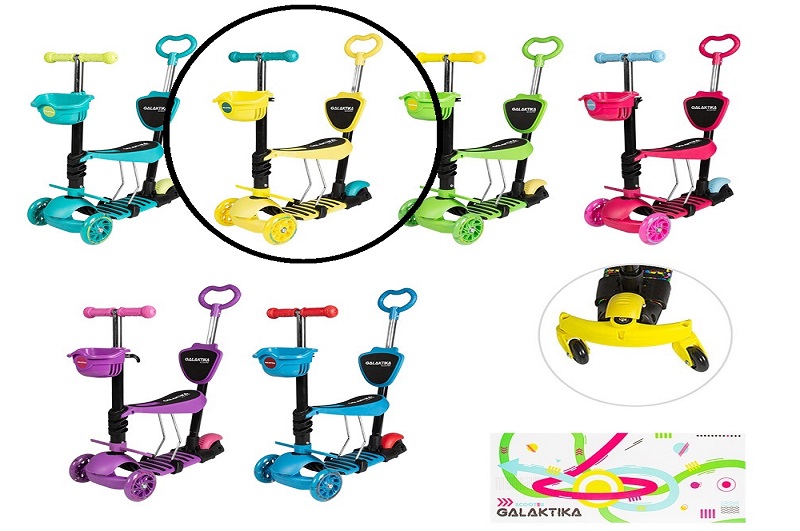 Самокат GS-0081/1 пластик.з сидінням+ручка+кошик+дод.кол.PU світ.120*30мм 3,2кг 6кол.кор./6/