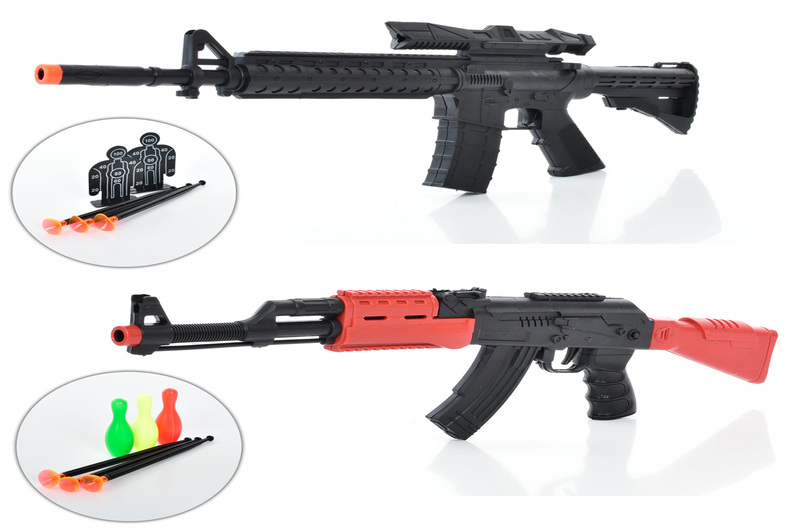 Автомат 233-11-12 (120шт) 47см, кулі-присоски 3шт, 2 види (кеглі, мішень), у кульку, 16,5-50-3см