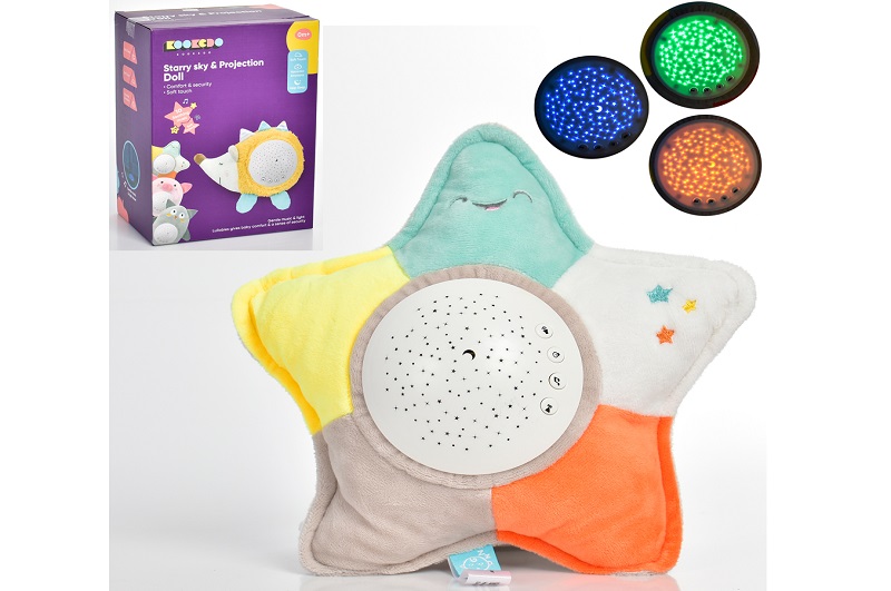 Нічник 66201 (15шт) зірка 24см, плюш, проектор нічного неба, муз, звуки природи, бат, кор, 16-22-11с