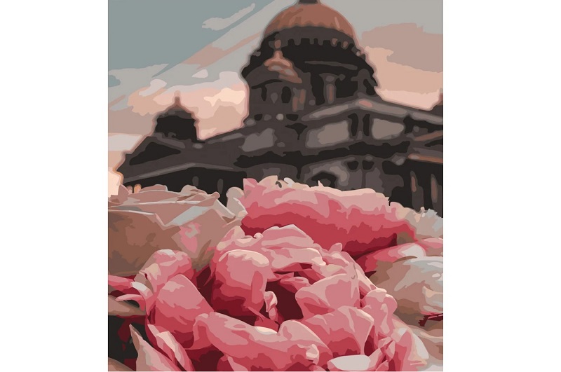 Картина по номерах Півонії на фоні Ісаакіївського собору Strateg розміром 40х50 см (GS436)