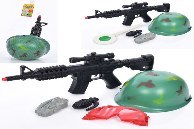 Набір зі зброєю 6313E-2-4 (72шт)автомат 38см,трищітка,шолом,рація,окуляри,2 види, в сітці 50-12-8см