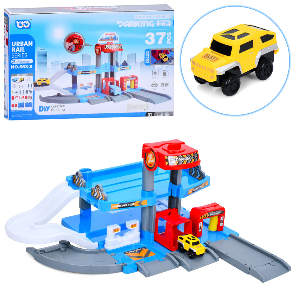 Гараж 663-8 (12шт) 59-52-32см, 2 поверхи, 37 деталей, машинка 8см, ліфт,на бат-ці,в кор-ці, 58-11-37