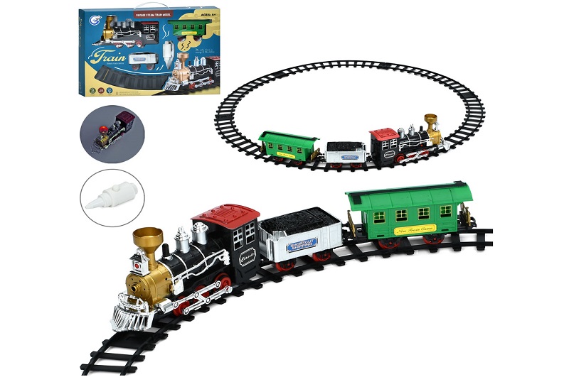 Залізниця 823-1 (18шт) локомотив 20см, йде пара, вагон 2шт, звук, світло, на бат-ці, в кор-ці, 41-28