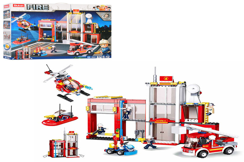 Конструктор SLUBAN M38-B0631 (8шт) пожежна частина, транспорт, фігурки, 612дет, в кор-ці, 48-38-8см