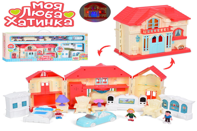 Будиночок WD-933E (12шт) 38-19см, автомобіль 12см, фігурка 6см 3шт, меблі,звук, світло, на бат-ці. в