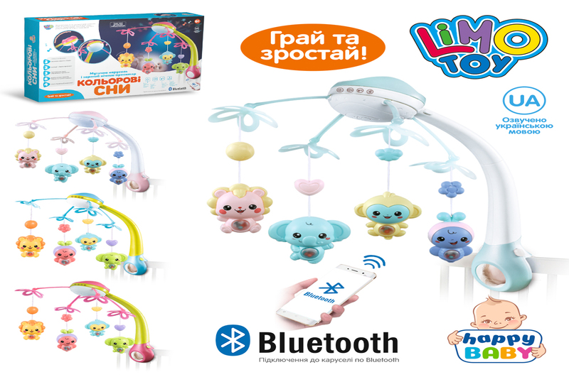 Карусель HB 0007 ABCD (12шт) на ліжко,д/к-ІЧ,підвіс4шт,муз-укр, світло,bluetooth,4кол, на бат-ці, в